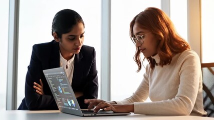 Two diverse businesswomen collaborating in an office setting, analyzing data charts displayed on a laptop screen together - Powered by Adobe
