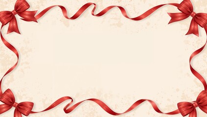 Framing blank cream rectangular message area on parchment, red satin bows with curled red ribbons