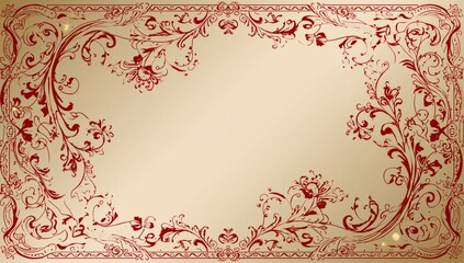 Framing central beige gold panel on card, showing red vine scrolls, inner border line, gold specks