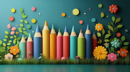 Colorful Pencils and Flowers on Teal Background - Back to School.