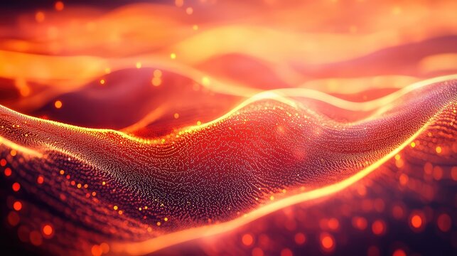 Swirling digital particles and glowing waves forming an abstract red and orange background, visualizing data networks, futuristic technology, and energy flow - Powered by Adobe