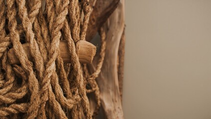 Obraz premium Hanging jute rope catching light on peg in worn timber indoors, neutral painted wall, copy space