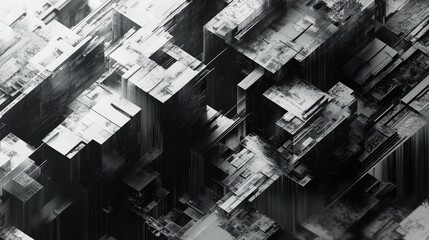 Complex geometric landscape forming a futuristic city or digital data structure creates an innovative backdrop, representing connection, networks, and advanced systems