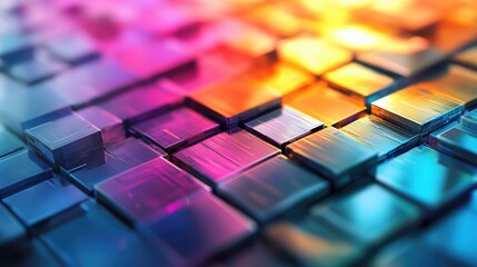 Abstract surface of metallic cube shapes reflecting vibrant gradients and creating a structured digital grid, representing data, connectivity, and technological innovation