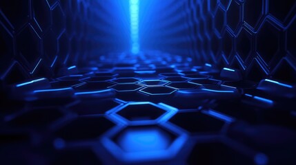 Dark blue abstract honeycomb pattern creating a vibrant futuristic energy tunnel or data corridor, representing advanced technology and digital networking concepts