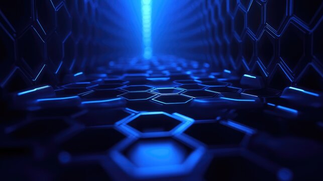 Dark blue abstract honeycomb pattern creating a vibrant futuristic energy tunnel or data corridor, representing advanced technology and digital networking concepts - Powered by Adobe