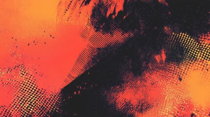 Abstract grunge background presenting a vibrant blend of orange, red, and black colors with distressed textures, halftone dots, and rough brush strokes