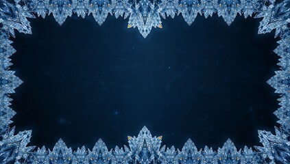 Framing central dark navy rectangle, creating negative space in digital design with blue crystals