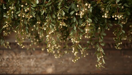 Cascading dense garland of green leafy stems draping on carved wooden mantel, with cream berries