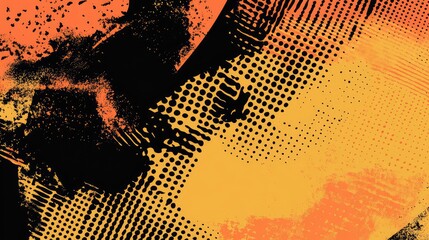 Abstract background blending orange, yellow, and black colors, displaying a dynamic composition of halftone patterns, textures, and distressed brush strokes creating a modern graphic design
