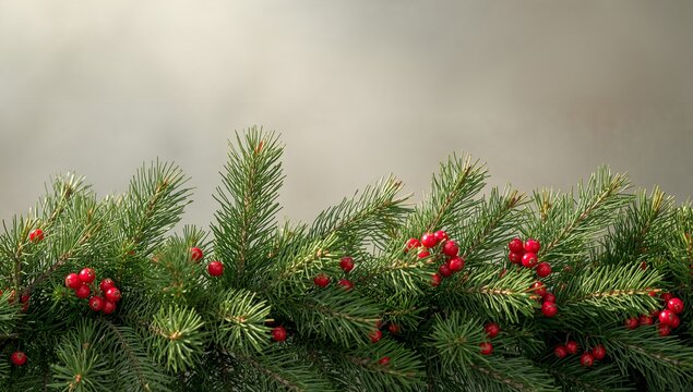 Displaying evergreen garland forming horizontal tabletop decoration, with bright red berry clusters