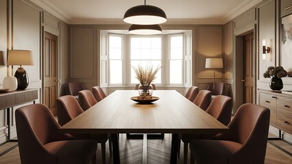 British manor dining room interior with long dining table with natural wood grain