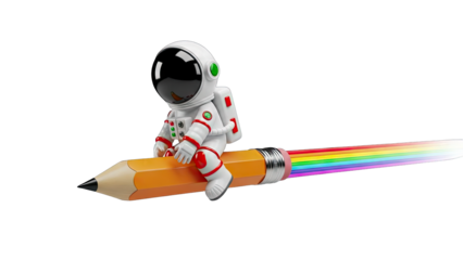 Astronaut Riding a Pencil with Rainbow Trail