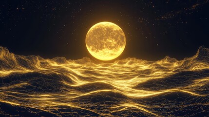 Glowing sun like sphere radiates light over an abstract digital rendering of undulating terrain, creating an illuminated particle wave landscape under a dark starry sky