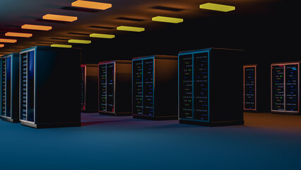 Server. Room servers data center. Backup, mining, hosting, mainframe, farm and computer rack with storage information. Server room data center. 3d render