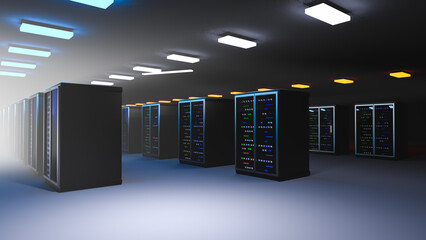 Server. Room servers data center. Backup, mining, hosting, mainframe, farm and computer rack with storage information. Server room data center. 3d render