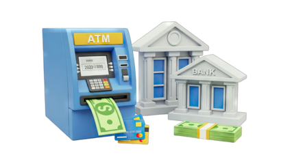 ATM Dispensing Cash with Bank Buildings and Credit Cards