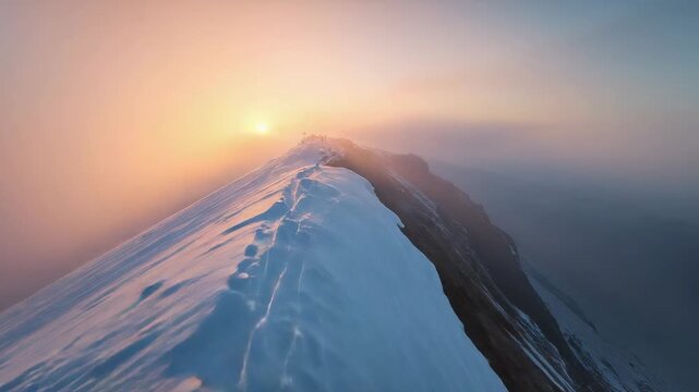 Approaching drone flying narrow snow ridge at sun rising, initiating approach and revealing tracks