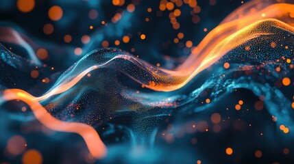 Abstract background shows illuminated particle waves moving in fluid motion against a dark backdrop, representing data streams, digital information, and energy flow