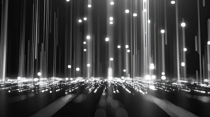 Abstract digital particles rise from a glowing grid, visualizing data streams, network connectivity and information flow in a futuristic cyberspace of technology and communication