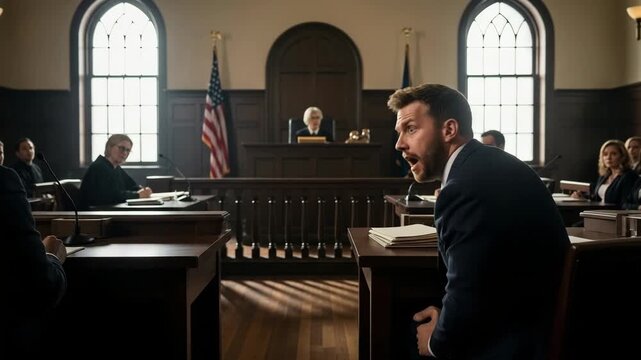 Male adult caucasian lawyer in a suit argues passionately in a courtroom. He shows surprise and determination during legal proceedings. A female judge presides