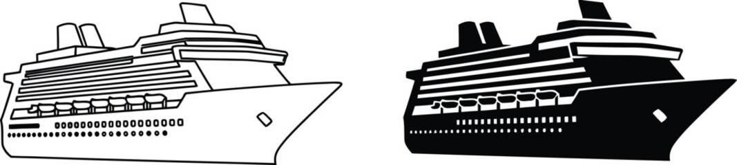 Isolated Cruise Ship Silhouette Outline and Filled Black Ship Illustrations for Nautical Designs