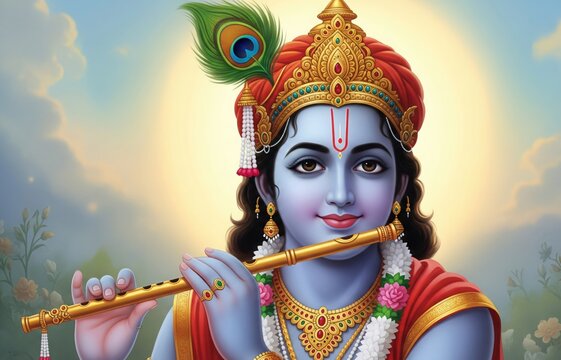 Lord Krishna With Floral Glow. Elegant Devotional Wallpaper. HD.