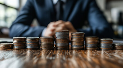 Businessman with stack of coins