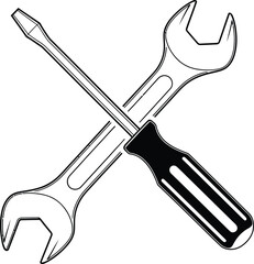 Line art illustration of a flathead screwdriver crossed over an openend wrench