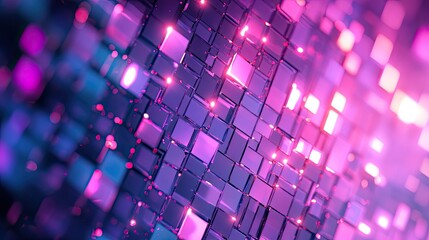 Glowing purple and pink cubic mosaic with iridescent reflections and dynamic bokeh, futuristic digital technology background ideal for presentations, events, and cyber concepts