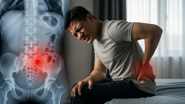 Asian adult male suffering from severe lower back pain. Medical x-ray highlights the painful spinal area. Concept for healthcare, injury, and chronic discomfort