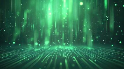 Green data streams and particle lights flowing on a digital stage, representing modern technology, connectivity, big data, and a futuristic internet background