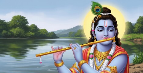 Lord Krishna by River. Peaceful Flute Wallpaper. HD 4K.