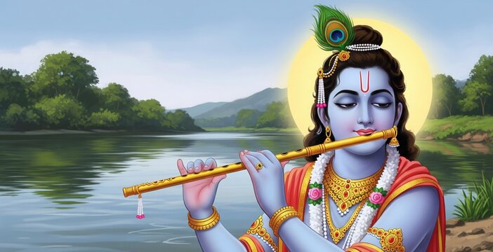 Lord Krishna by River. Peaceful Flute Wallpaper. HD 4K.