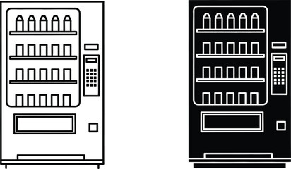 Outlined Vending Machine Icons on White and Black Backgrounds Beverages, Snacks, and Payment Panel