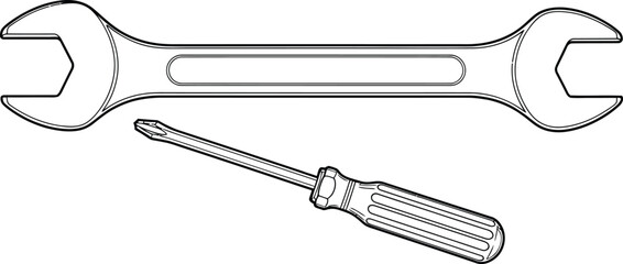 Outlined Spanner and Slotted Screwdriver Hand Tools on White Background, Mechanic Essentials