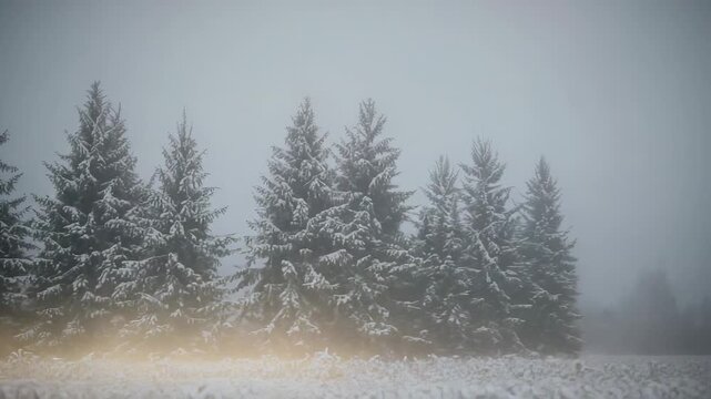 Showing row of snow-covered evergreen trees standing at field edge, with golden mist drifting