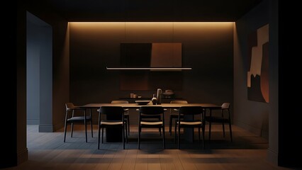 moody dining room interior design inspiration with black, deep brown, and soft amber color scheme