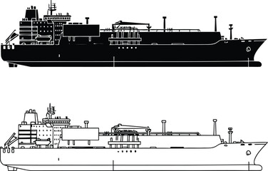 Side View Illustration Showing LNG Carrier Ship in Silhouette and Line Art Style