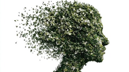 A green and white floral head silhouette against a white background.