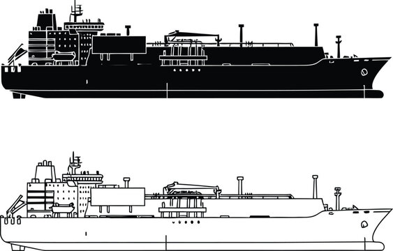 Side View Illustration Showing LNG Carrier Ship in Silhouette and Line Art Style