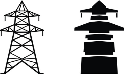 Two Electricity Pylon Designs One Outline and One Solid Silhouette Illustration Style