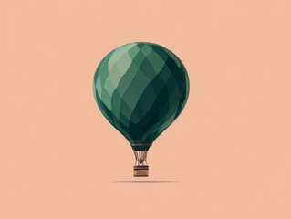 A geometric illustration of a hot air balloon against a soft, peach-colored background. The balloon features a faceted, emerald-green design