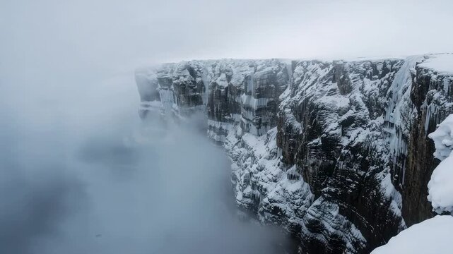 Tripod-mounted camera recording snow-covered cliff face from cliff edge, documenting fog drifting