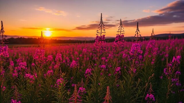 Vibrant purple fireweed flowers bloom across a vast field. Golden sunset light bathes the natural landscape with warm hues. A serene and picturesque summer evening scene