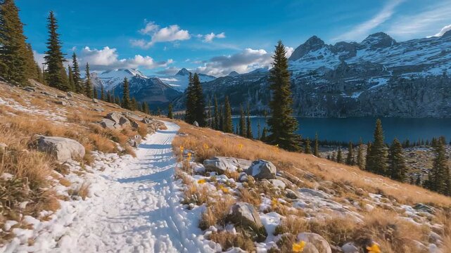 Tracking camera pushing forward, revealing snow trail at alpine meadow with footprints, lake, peaks