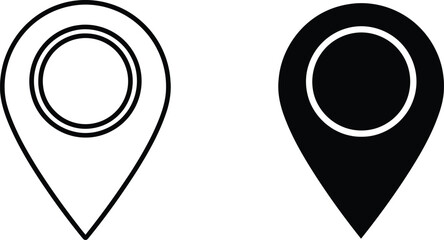 Two Isolated Map Location Icons, One in Black Outline and One Solid Black Fill