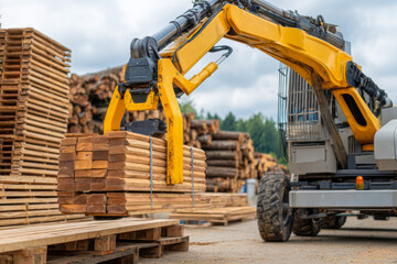 Obraz premium Wood handling machine moves stacked planks in sawmill during daylight