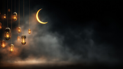 Golden Ramadan Lanterns With Crescent Moon Night