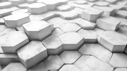 White hexagonal shapes rise and fall, creating an abstract, textured three dimensional surface with varying elevations and subtle concrete like details